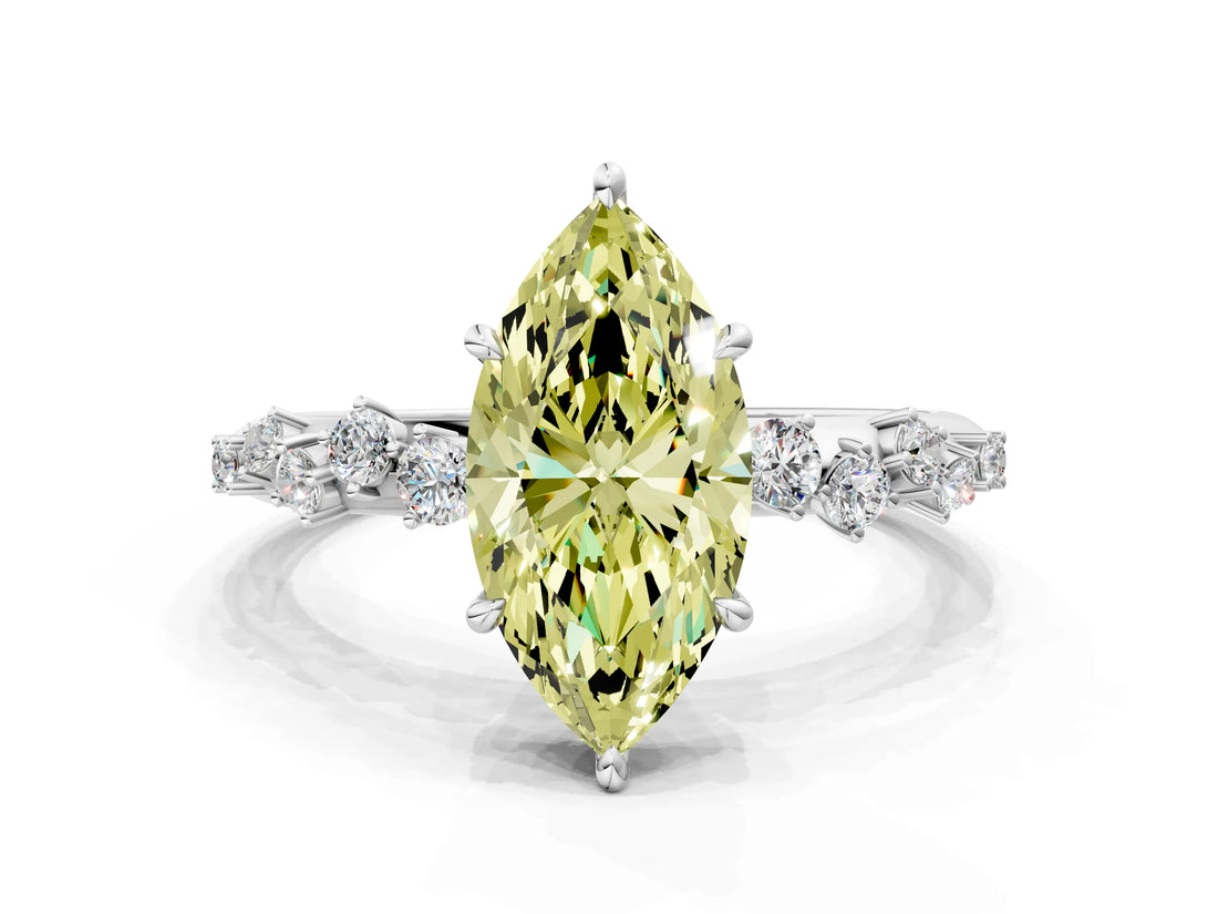 White gold Fancy Yellow Marquise Cut Diamond Cluster Side Stone Solitaire Ring with Prong Setting_53