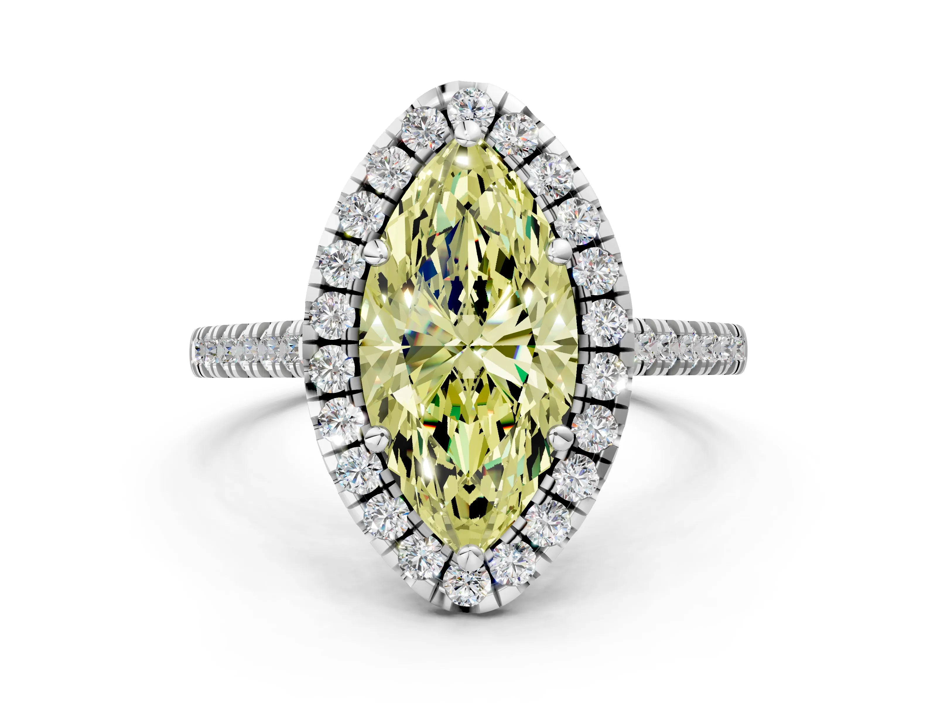 White gold Fancy Yellow Marquise Cut Diamond Cushion Halo Ring with Pavé Band