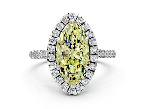Platinum Fancy Yellow Marquise Cut Diamond Cushion Halo Ring with Pavé Band