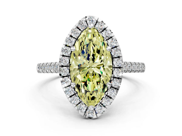Platinum Fancy Yellow Marquise Cut Diamond Cushion Halo Ring with Pavé Band