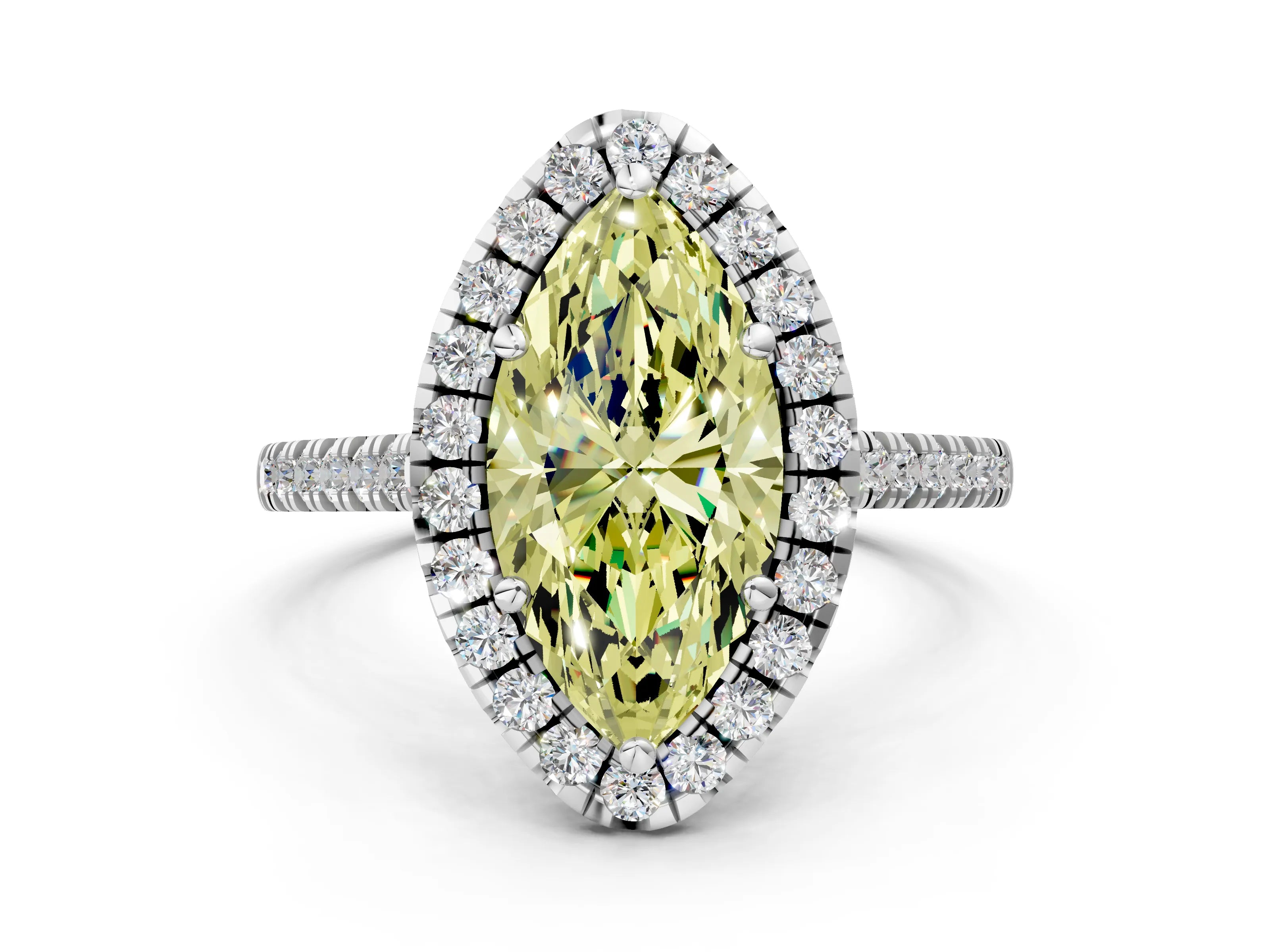 White gold Fancy Yellow Marquise Cut Diamond Cushion Halo Ring with Pavé Band_12