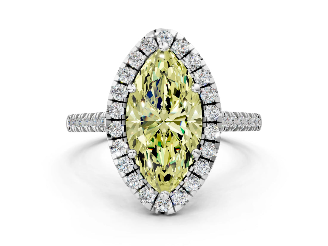 White gold Fancy Yellow Marquise Cut Diamond Cushion Halo Ring with Pavé Band_12