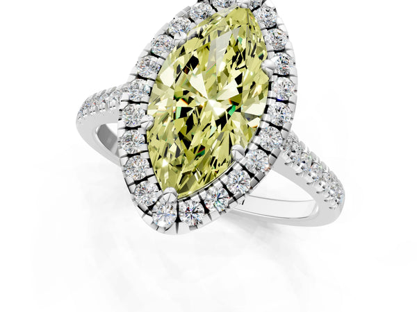 Platinum Fancy Yellow Marquise Cut Diamond Cushion Halo Ring with Pavé Band
