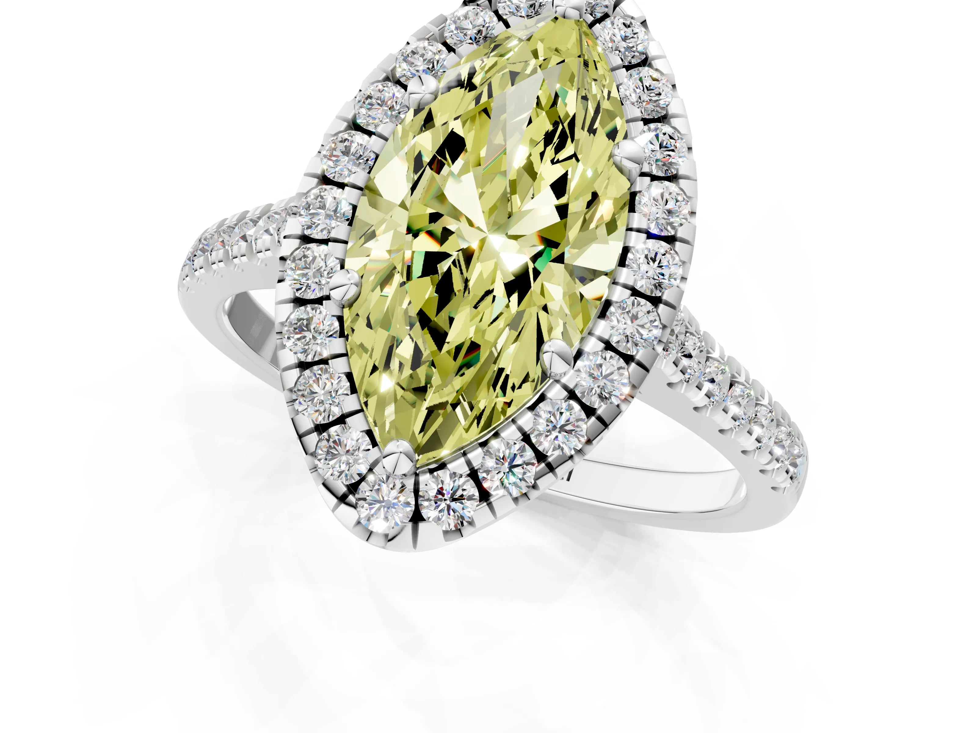 White gold Fancy Yellow Marquise Cut Diamond Cushion Halo Ring with Pavé Band_1