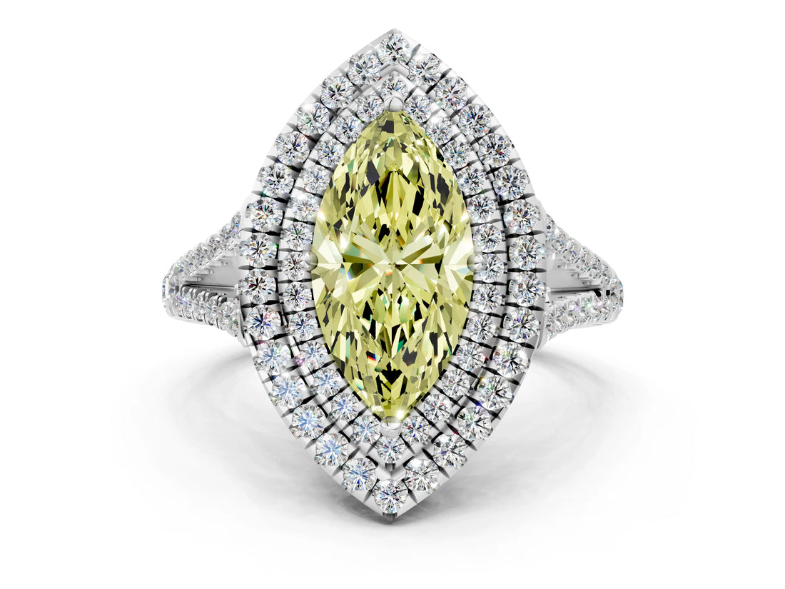 White gold Fancy Yellow Marquise Cut Diamond Double Halo Ring with Pavé Band and Prong Setting_78