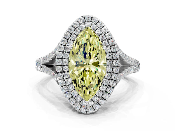 White gold Fancy Yellow Marquise Cut Diamond Double Halo Ring with Split Shank and Prong Setting