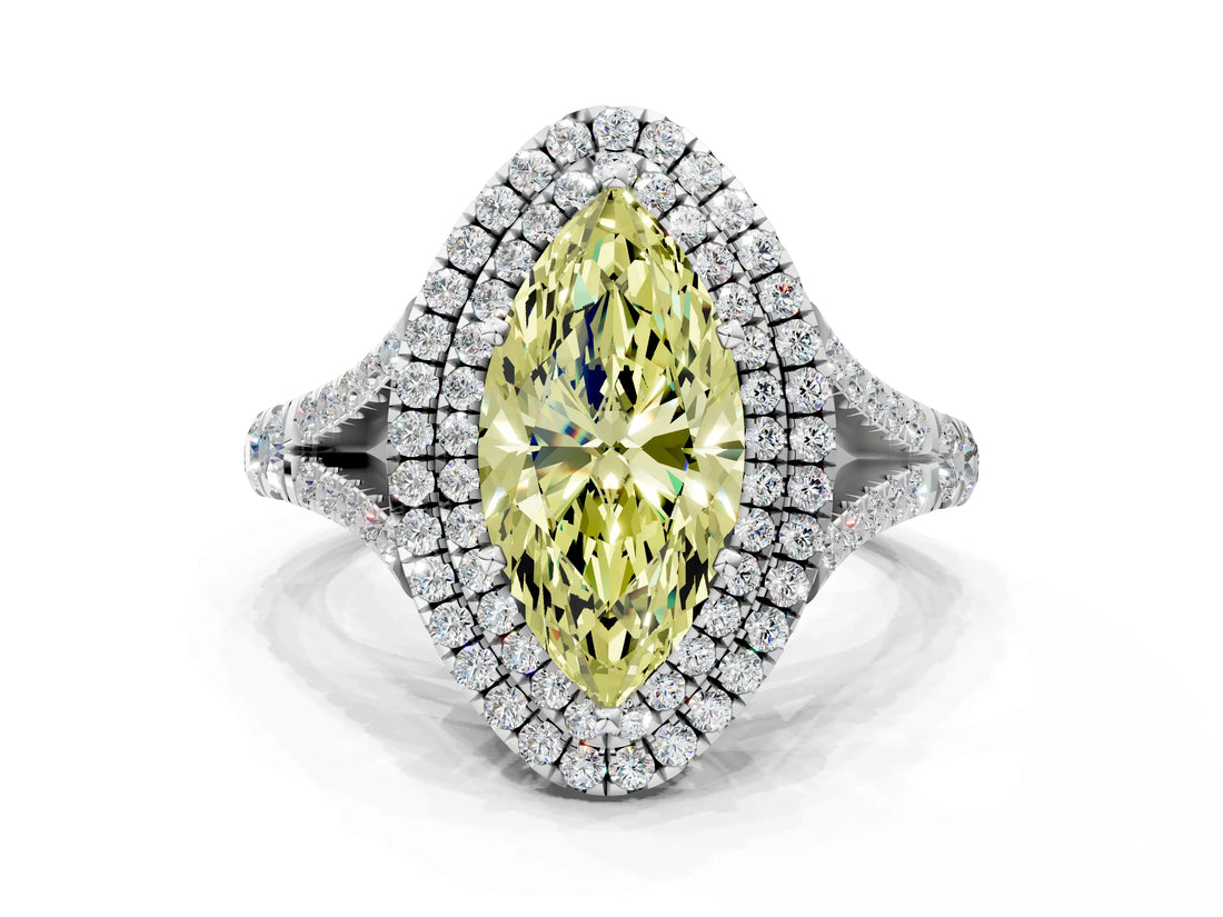 White gold Fancy Yellow Marquise Cut Diamond Double Halo Ring with Split Shank and Prong Setting_27