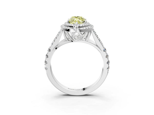 White gold Fancy Yellow Marquise Cut Diamond Double Halo Ring with Split Shank and Prong Setting
