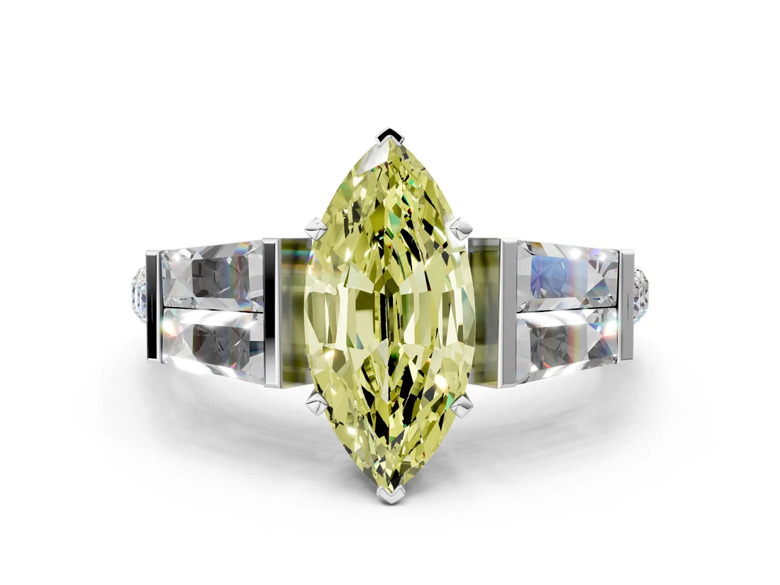 White gold Fancy Yellow Marquise Cut Diamond Engagement Ring with Baguette Side Stones and Channel Set Band_29