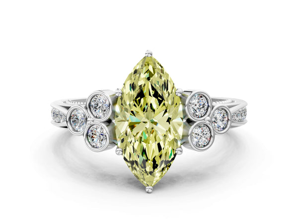 White gold Fancy Yellow Marquise  Cut Diamond Engagement Ring with Bezel Set Round Side Stones and Prong Setting