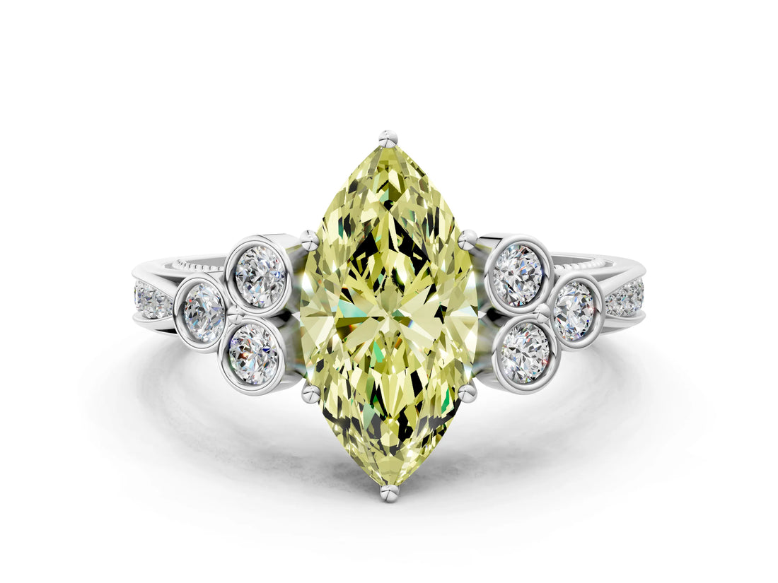 White gold Fancy Yellow Marquise  Cut Diamond Engagement Ring with Bezel Set Round Side Stones and Prong Setting_29