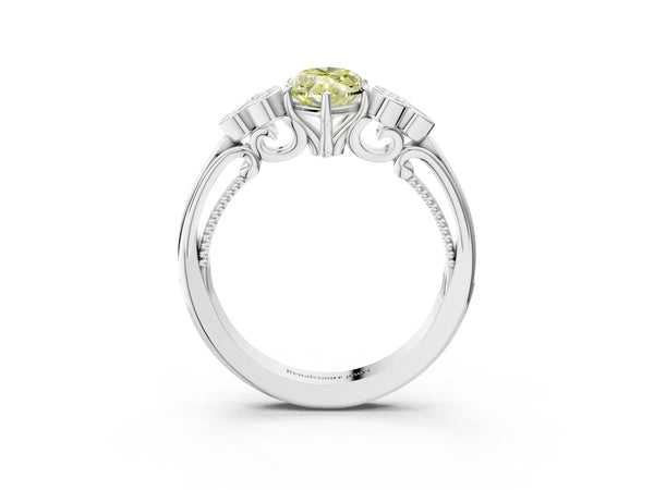White gold Fancy Yellow Marquise  Cut Diamond Engagement Ring with Bezel Set Round Side Stones and Prong Setting