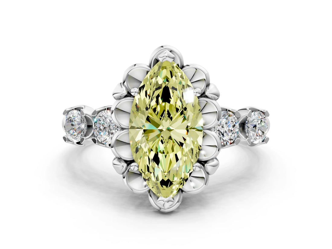 White gold Fancy Yellow Marquise  Cut Diamond Floral Halo Engagement Ring with Shared Prong Setting 1