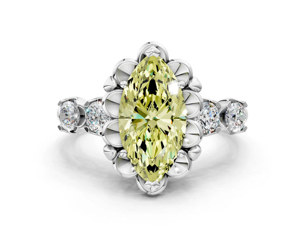 White gold Fancy Yellow Marquise  Cut Diamond Floral Halo Engagement Ring with Shared Prong Setting