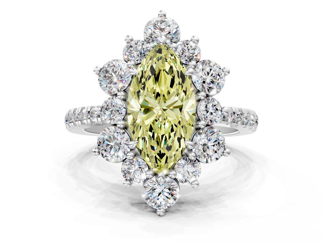 White gold Fancy Yellow Marquise  Cut Diamond Floral Halo Pave Band with Prong Setting