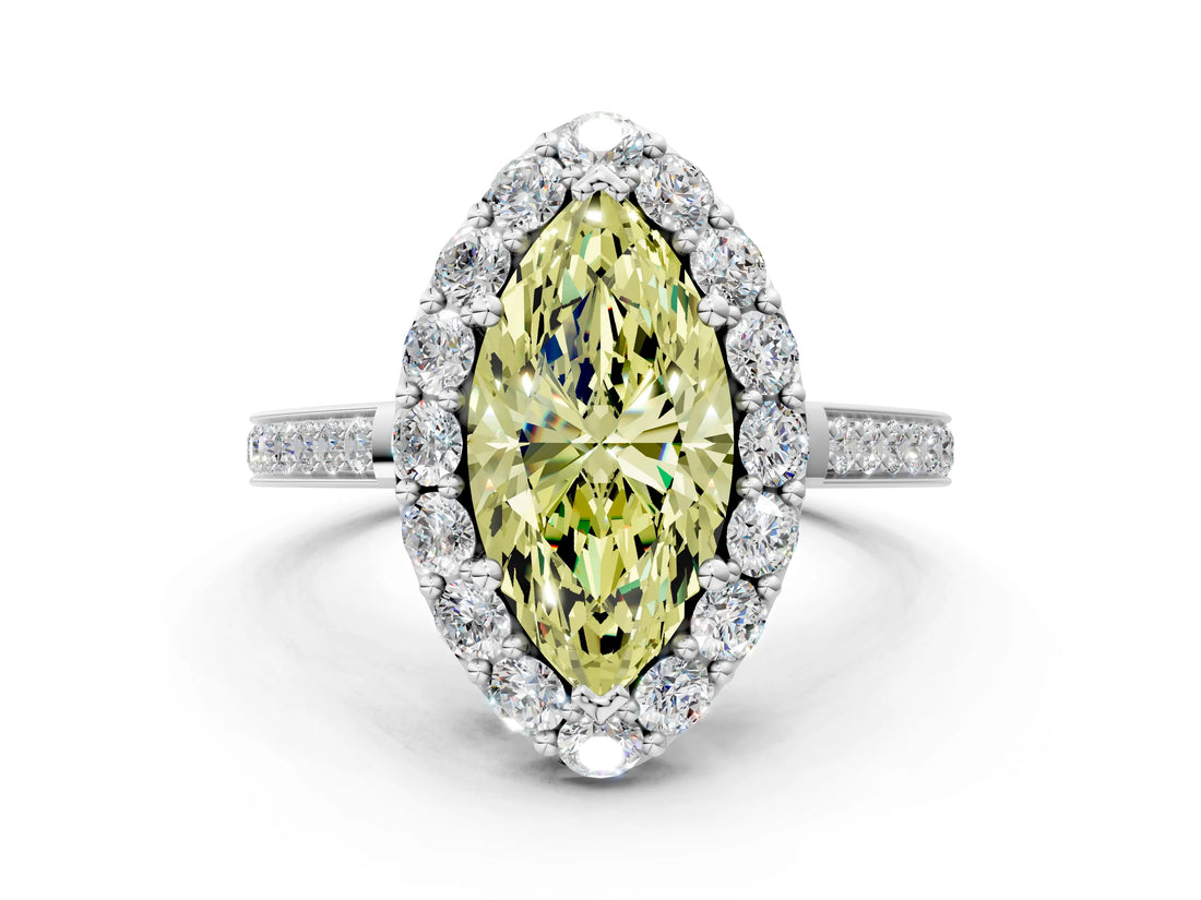 White gold Fancy Yellow Marquise Cut Diamond Floral Halo Ring with Pavé Band and Prong Setting_19