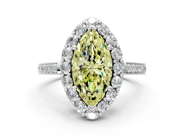 Platinum Fancy Yellow Marquise Cut Diamond Floral Halo Ring with Pavé Band and Prong Setting