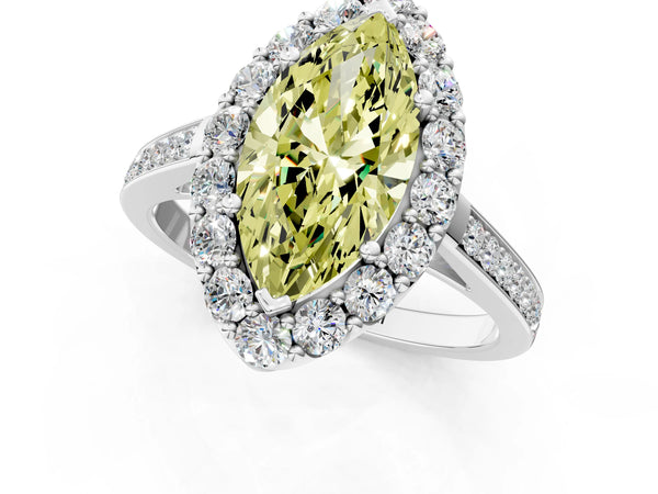 Platinum Fancy Yellow Marquise Cut Diamond Floral Halo Ring with Pavé Band and Prong Setting