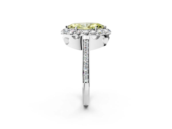 Platinum Fancy Yellow Marquise Cut Diamond Floral Halo Ring with Pavé Band and Prong Setting