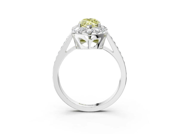 Platinum Fancy Yellow Marquise Cut Diamond Floral Halo Ring with Pavé Band and Prong Setting
