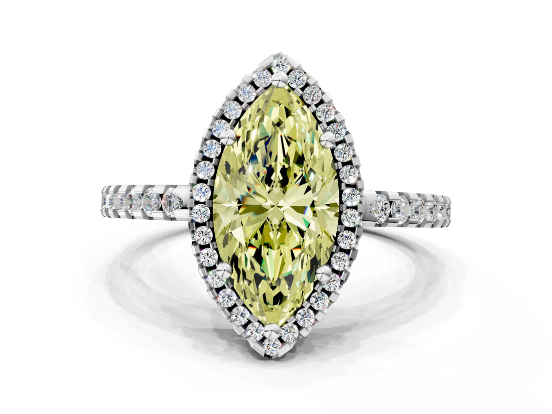 White gold Fancy Yellow Marquise Cut Diamond Halo Engagement Ring with Pavé Band and Prong Setting_51