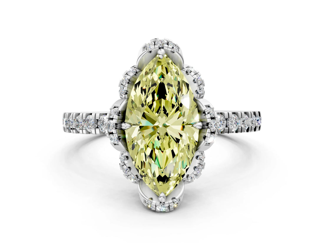 White gold Fancy Yellow Marquise Cut Diamond Halo Pave Band with Four-Prong Setting_3