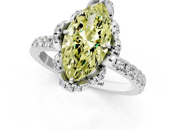 Platinum Fancy Yellow Marquise Cut Diamond Halo Pave Band with Four-Prong Setting