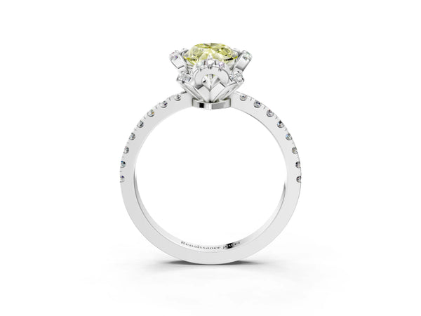 Platinum Fancy Yellow Marquise Cut Diamond Halo Pave Band with Four-Prong Setting