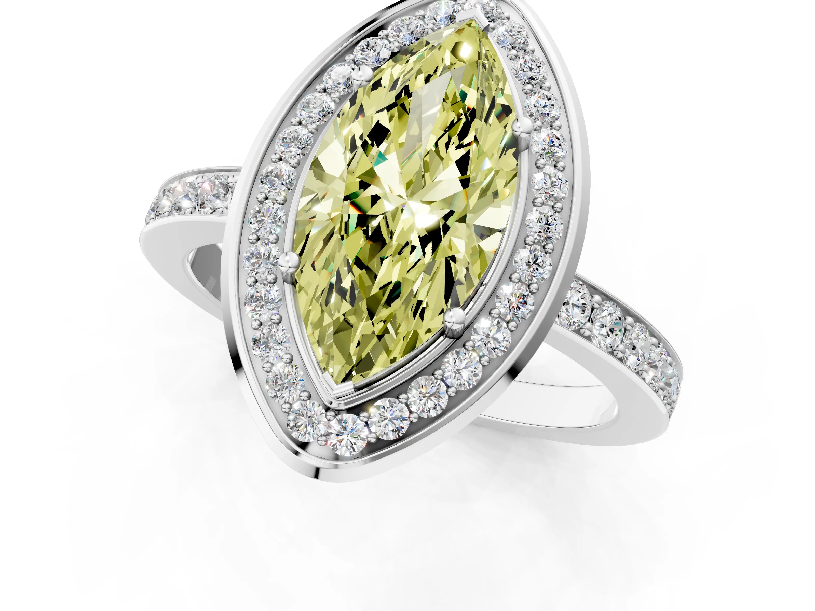 White gold Fancy Yellow Marquise Cut Diamond Halo Ring with Bezel Frame and Pavé Band_1