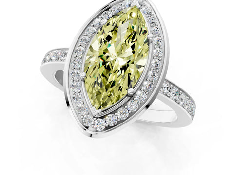 White gold Fancy Yellow Marquise Cut Diamond Halo Ring with Bezel Frame and Pavé Band_1