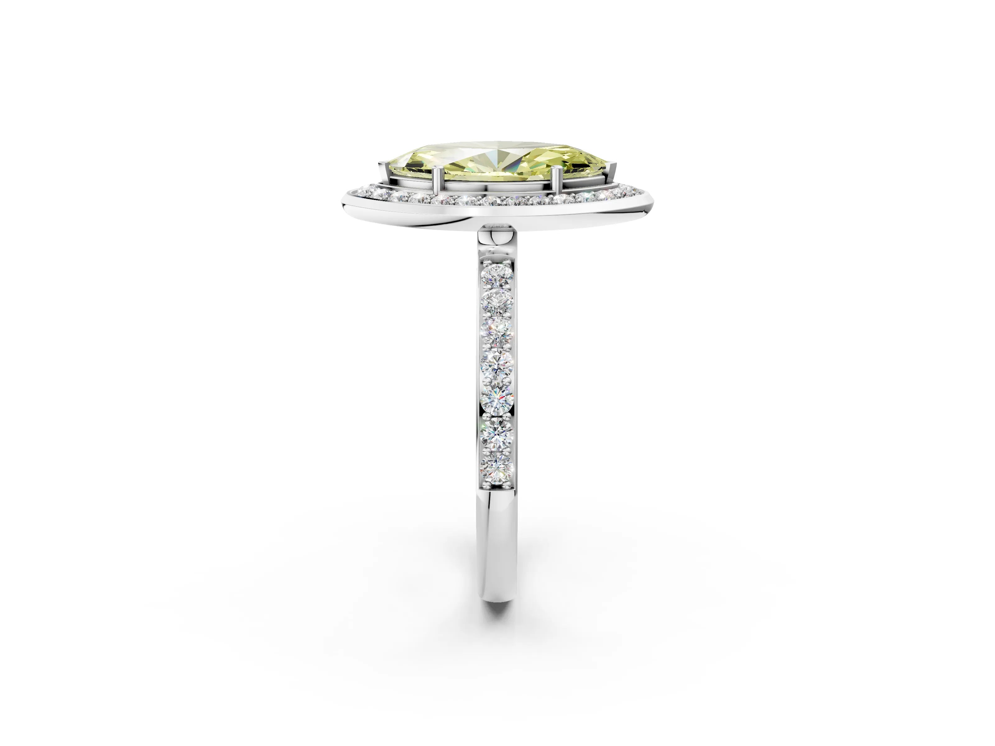 White gold Fancy Yellow Marquise Cut Diamond Halo Ring with Bezel Frame and Pavé Band_2