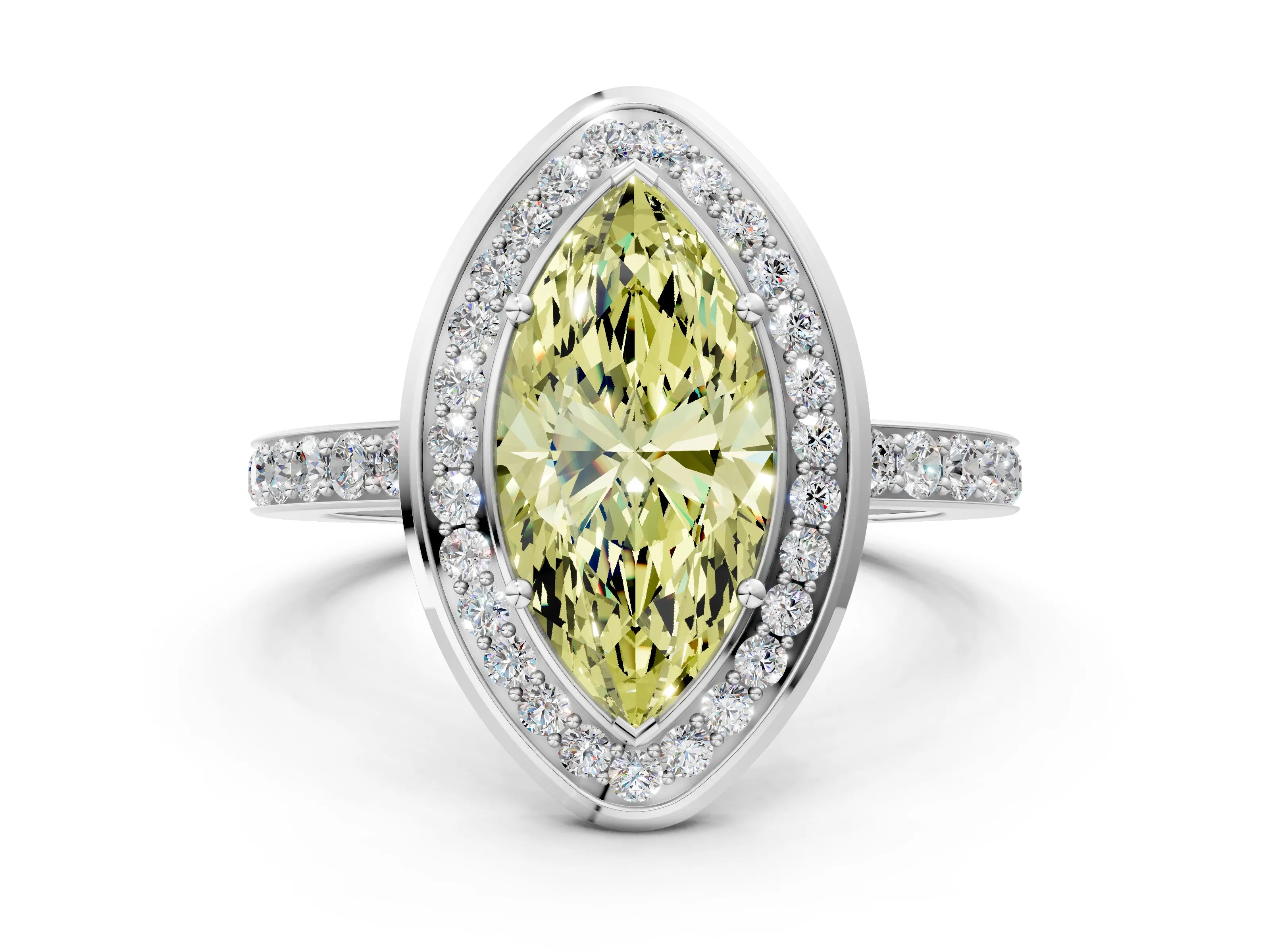 White gold Fancy Yellow Marquise Cut Diamond Halo Ring with Bezel Frame and Pavé Band