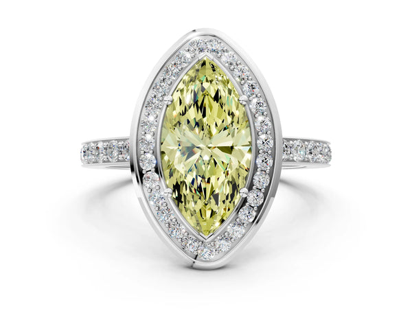 White gold Fancy Yellow Marquise Cut Diamond Halo Ring with Bezel Frame and Pavé Band