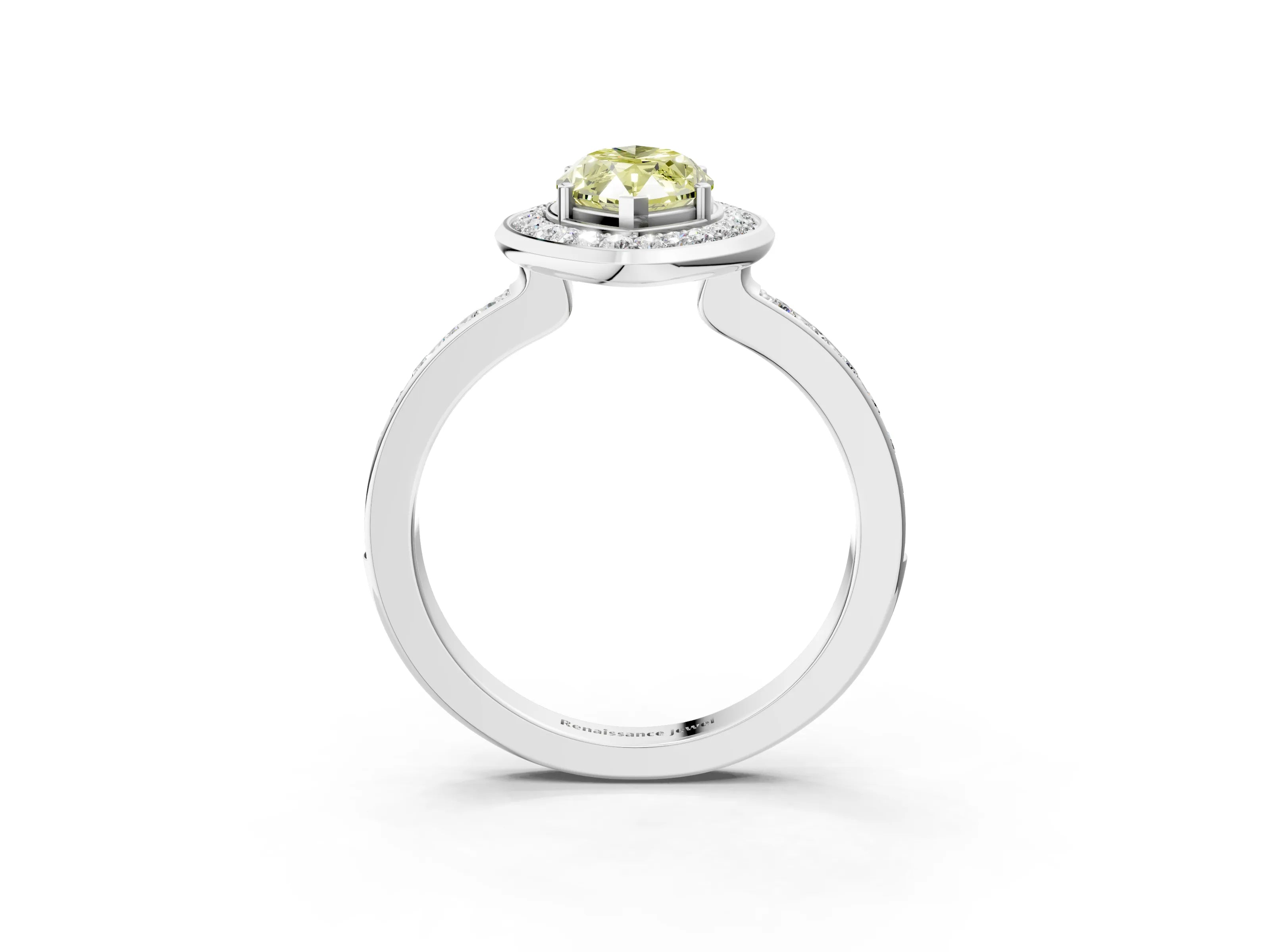 White gold Fancy Yellow Marquise Cut Diamond Halo Ring with Bezel Frame and Pavé Band_3