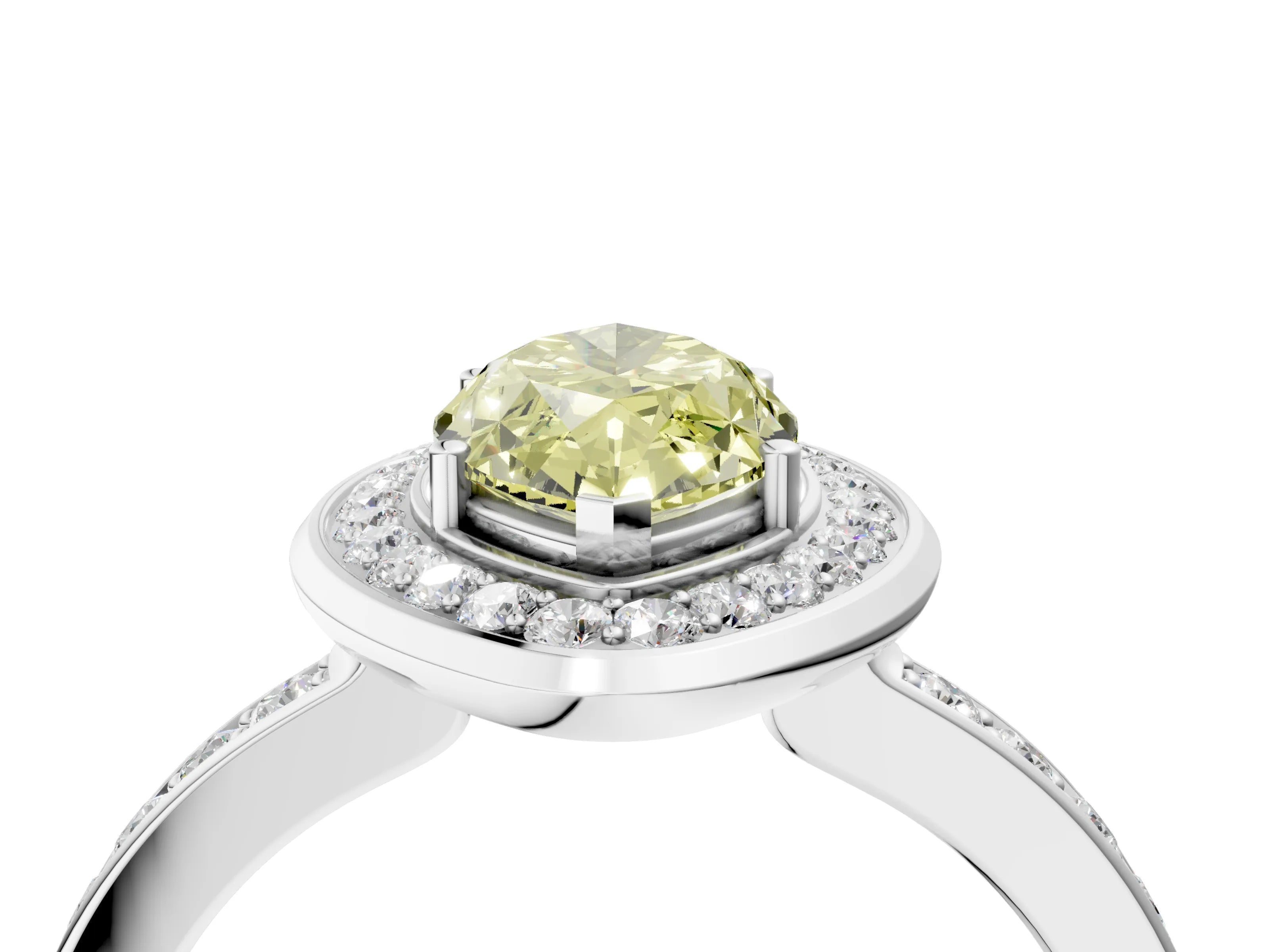 White gold Fancy Yellow Marquise Cut Diamond Halo Ring with Bezel Frame and Pavé Band_4