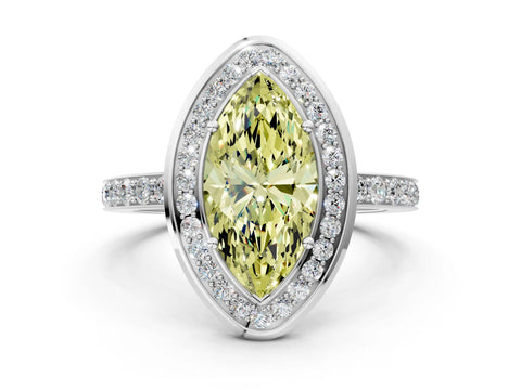 White gold Fancy Yellow Marquise Cut Diamond Halo Ring with Bezel Frame and Pavé Band