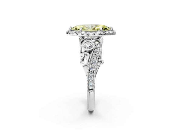 Platinum Fancy Yellow Marquise Cut Diamond Halo Ring with Milgrain Pavé Band and Four-Prong Setting
