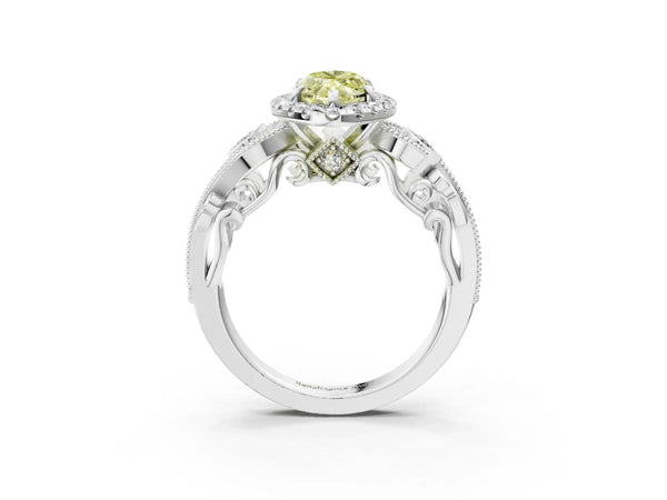 Platinum Fancy Yellow Marquise Cut Diamond Halo Ring with Milgrain Pavé Band and Four-Prong Setting