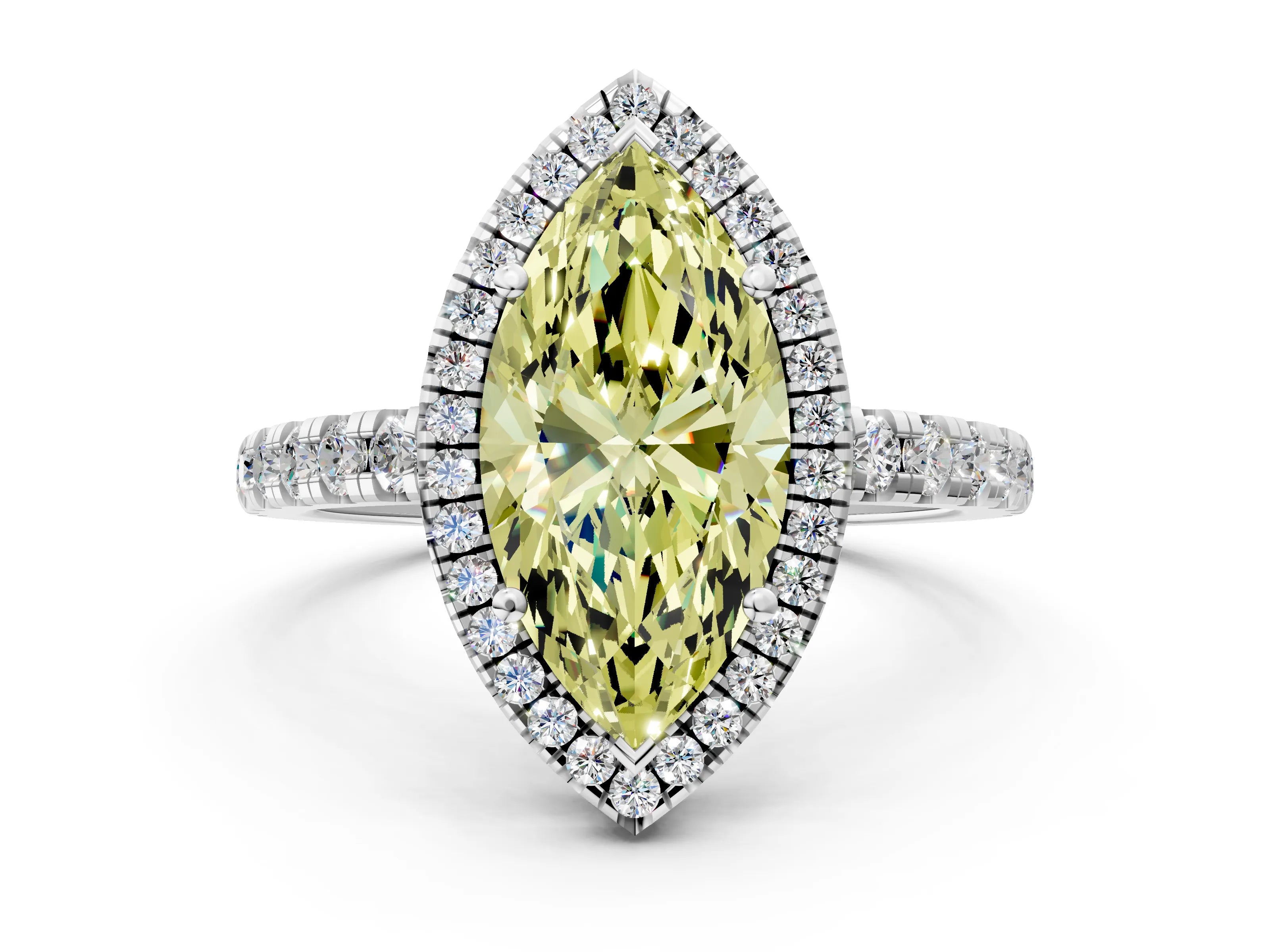 White gold Fancy Yellow Marquise Cut Diamond Halo Ring with Pavé Band and Four-Prong Setting_12