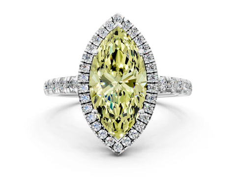 White gold Fancy Yellow Marquise Cut Diamond Halo Ring with Pavé Band and Four-Prong Setting_12