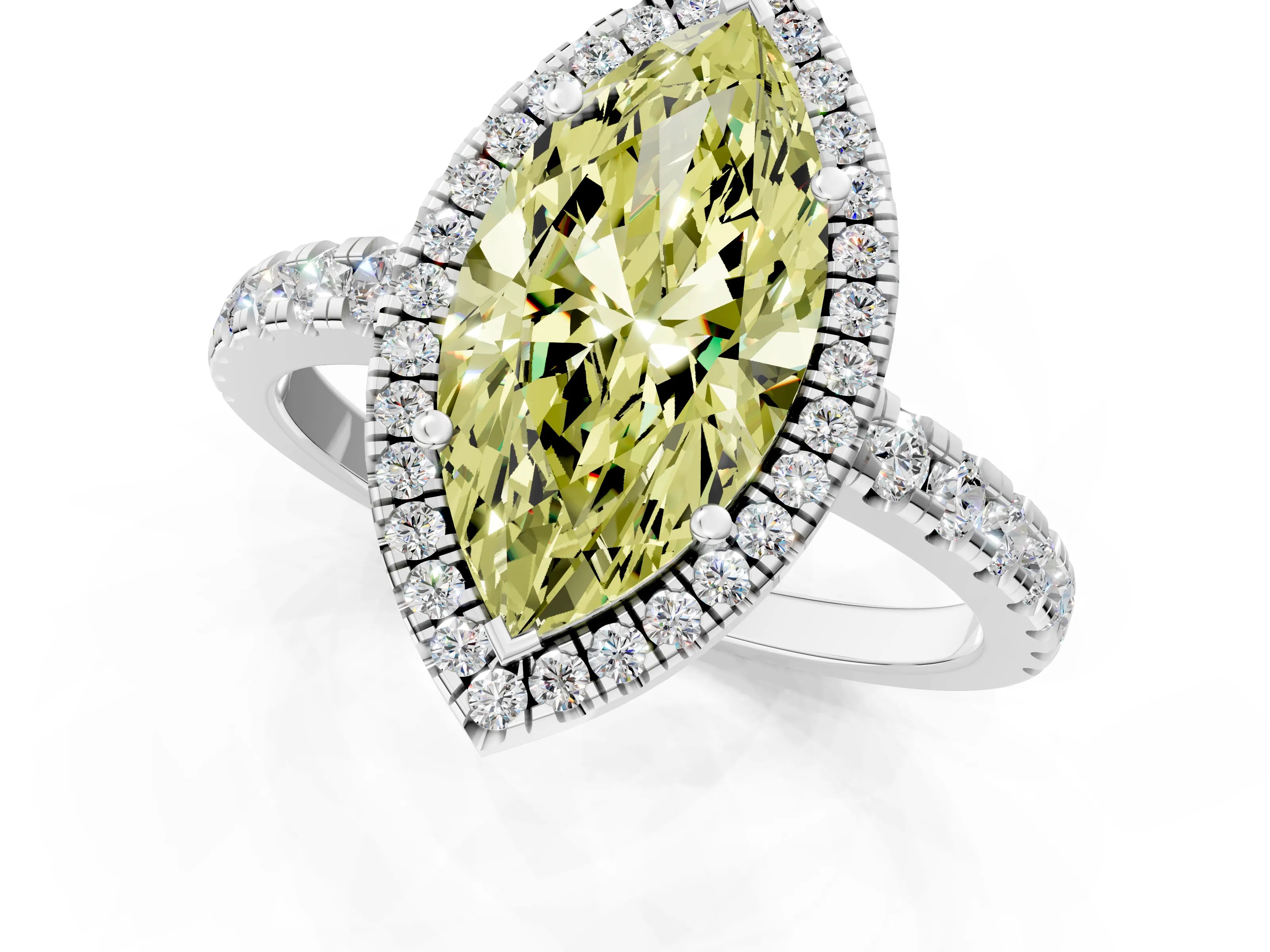 White gold Fancy Yellow Marquise Cut Diamond Halo Ring with Pavé Band and Four-Prong Setting_13