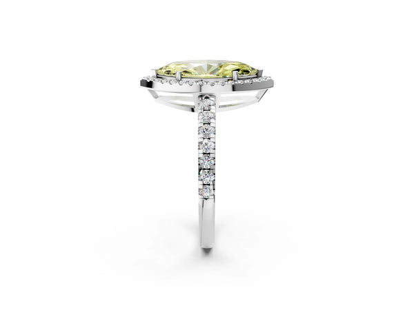 Platinum Fancy Yellow Marquise Cut Diamond Halo Ring with Pavé Band and Four-Prong Setting