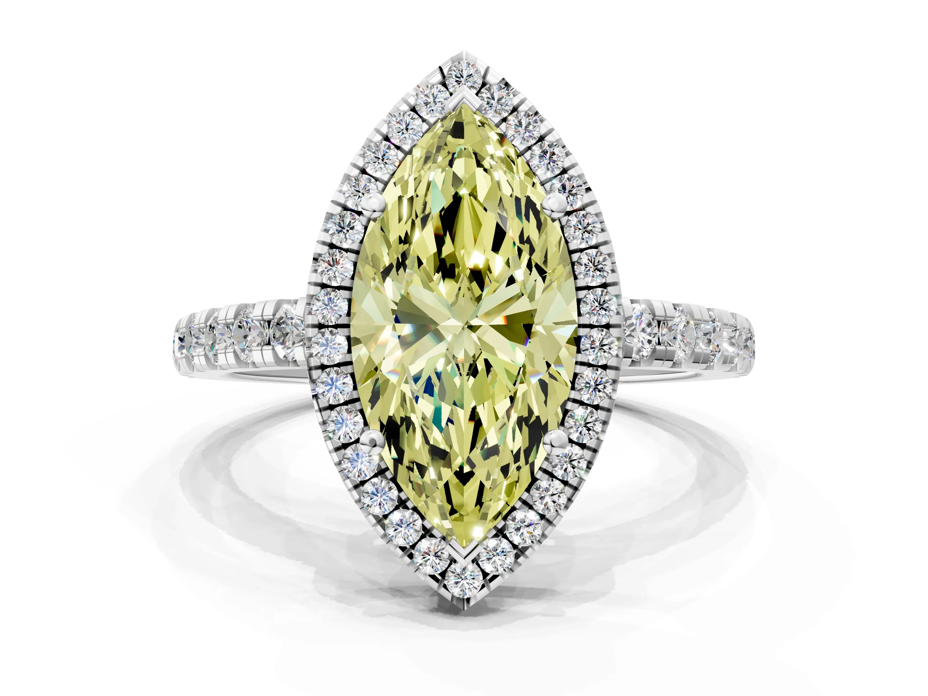 White gold Fancy Yellow Marquise Cut Diamond Halo Ring with Pavé Band and Four-Prong Setting