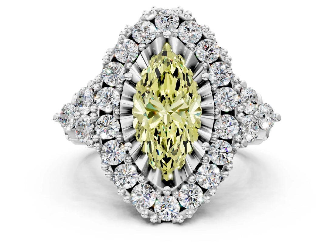 White gold Fancy Yellow Marquise Cut Diamond Halo Ring with Pavé Band and Four-Prong Setting_28
