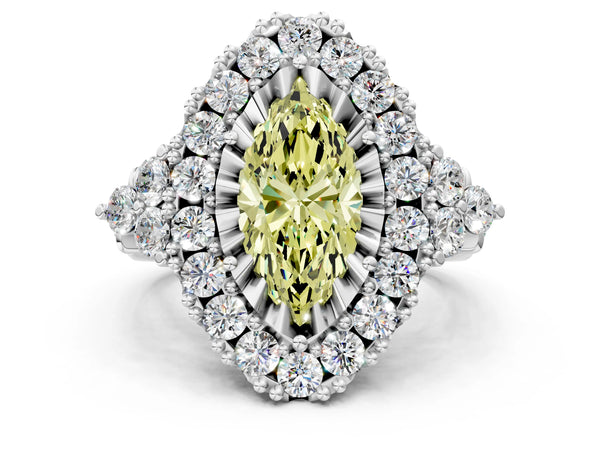 Platinum Fancy Yellow Marquise Cut Diamond Halo Ring with Pavé Band and Four-Prong Setting