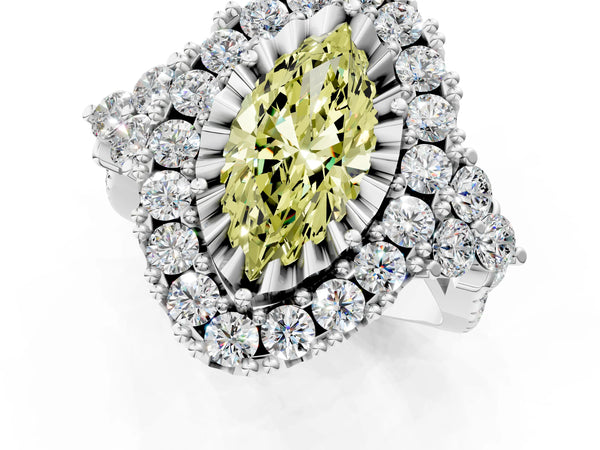 Platinum Fancy Yellow Marquise Cut Diamond Halo Ring with Pavé Band and Four-Prong Setting