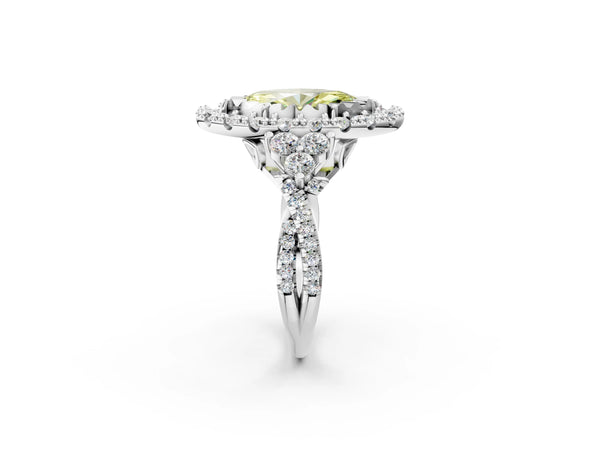 Platinum Fancy Yellow Marquise Cut Diamond Halo Ring with Pavé Band and Four-Prong Setting