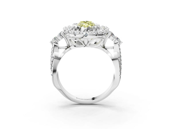Platinum Fancy Yellow Marquise Cut Diamond Halo Ring with Pavé Band and Four-Prong Setting