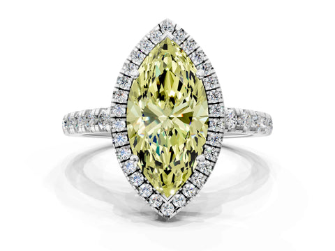 White gold Fancy Yellow Marquise Cut Diamond Halo Ring with Pavé Band and Four-Prong Setting
