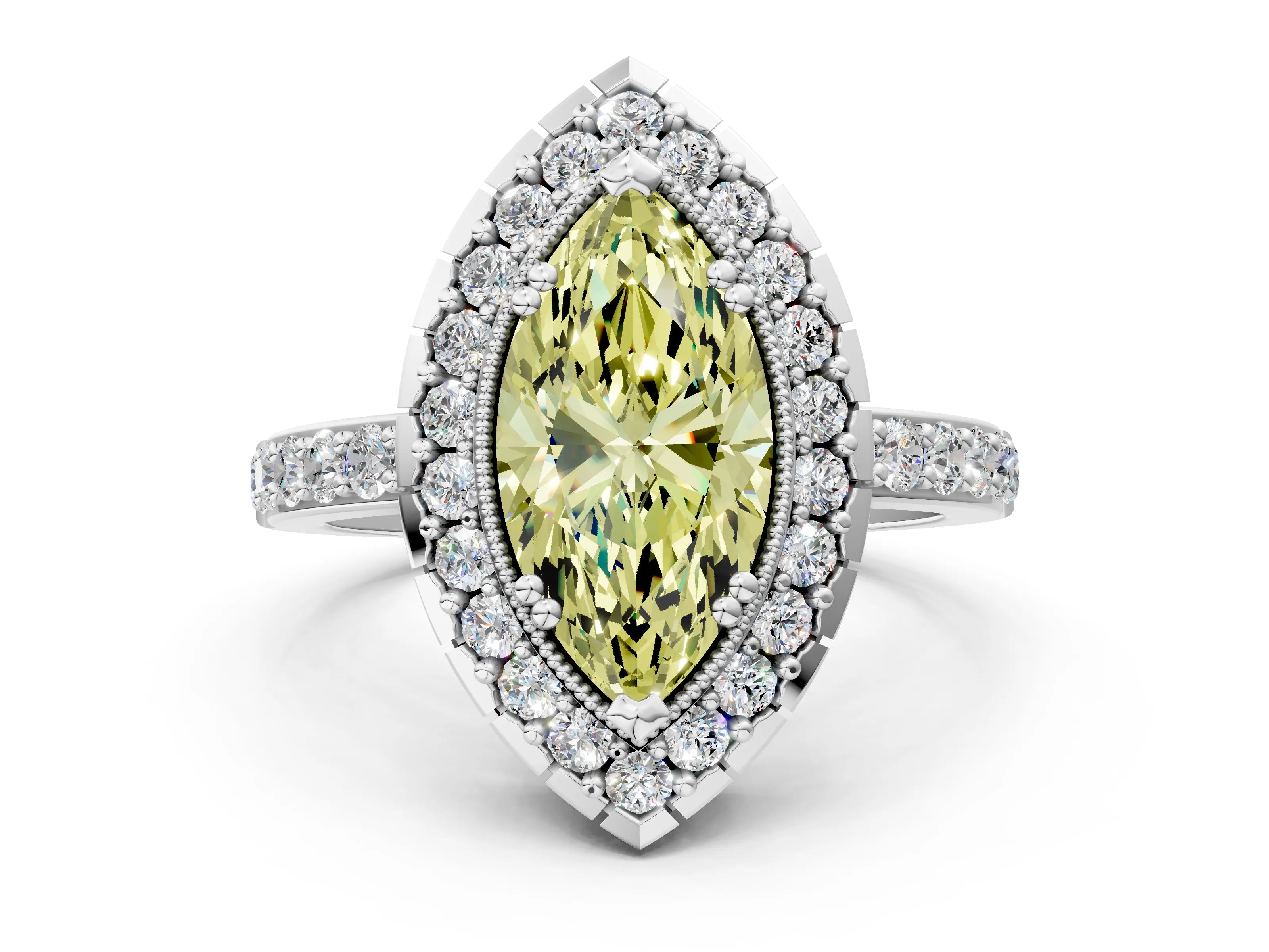 White gold Fancy Yellow Marquise Cut Diamond Halo Ring with Pavé Band and Prong Setting_12